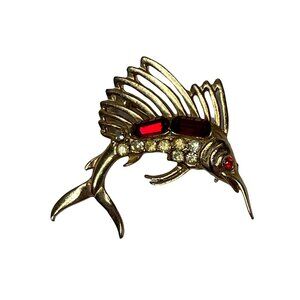 Swordfish Marlin Sailfish Pin Brooch Gold Tone Red Crystal Rhinestones
